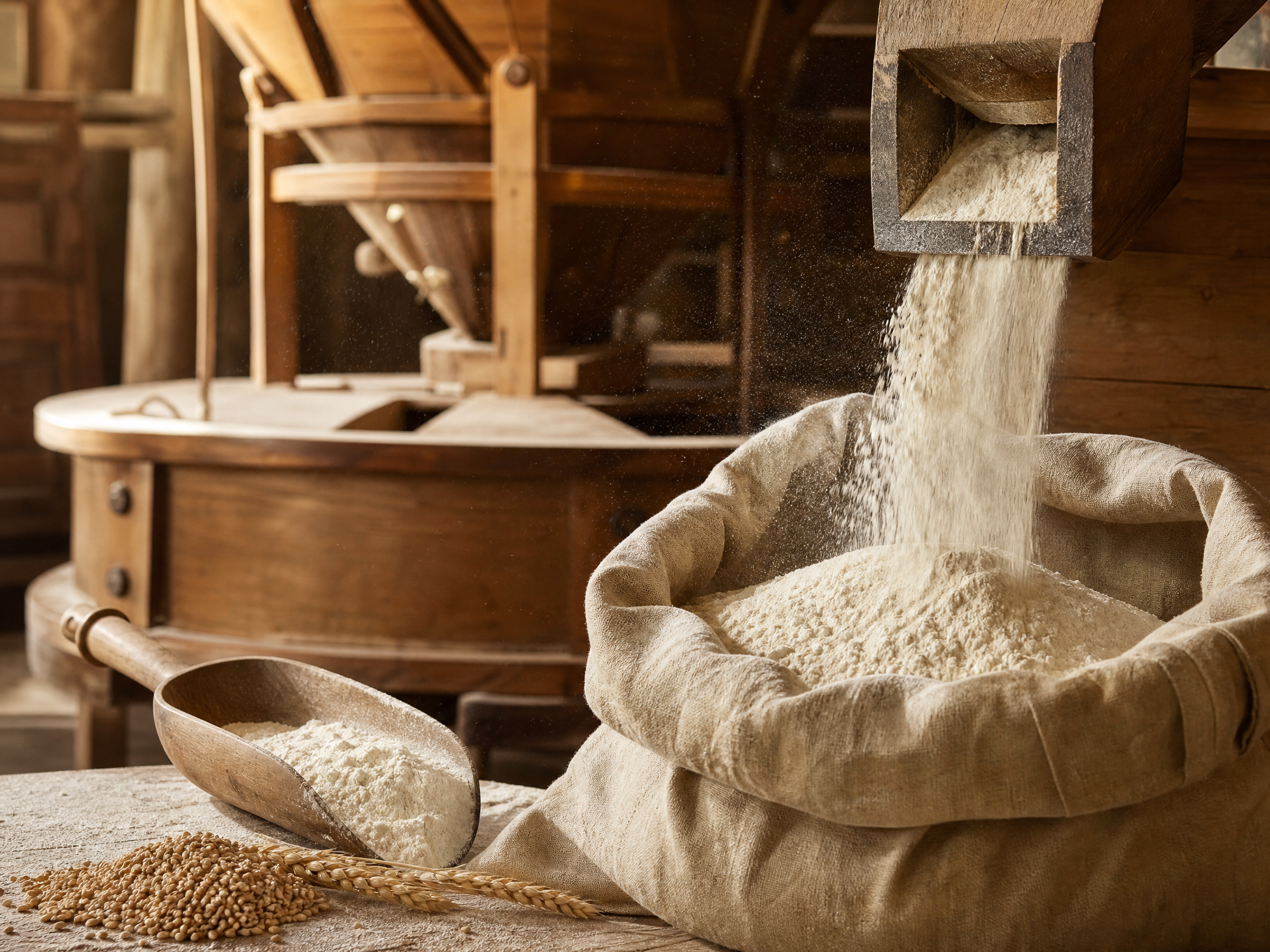 Fresh flour being milled in a traditional flour mill